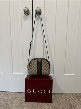 Gucci Beige GG Supreme Crossbody with Green and Red Web Stripe